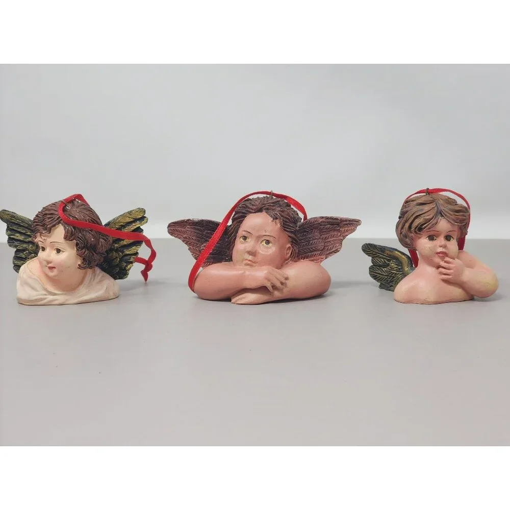 Set Of 3 Resin Angel Cherub Ornaments With Green Wings & Red Ribbon Hangers